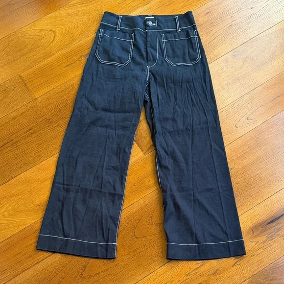 Anthropologie Maeva The Colette Linen Crop Wide Leg Pants Navy Blue Size |28 - Picture 3 of 12